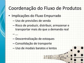 Coordenação do Fluxo de Produtos
• Implicações do Fluxo Empurrado
– Uso de previsões de venda
– Risco de produzir, distribuir, armazenar e
transportar mais do que a demanda real
– ...
– Descentralização de estoques
– Consolidação de transporte
– Uso de modais baratos e lentos
 