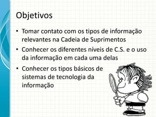 Objetivos
• Tomar contato com os tipos de informação
relevantes na Cadeia de Suprimentos
• Conhecer os diferentes níveis de C.S. e o uso
da informação em cada uma delas
• Conhecer os tipos básicos de
sistemas de tecnologia da
informação
 