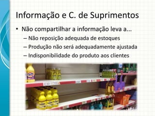 Informação e C. de Suprimentos
• Não compartilhar a informação leva a...
– Não reposição adequada de estoques
– Produção não será adequadamente ajustada
– Indisponibilidade do produto aos clientes
 