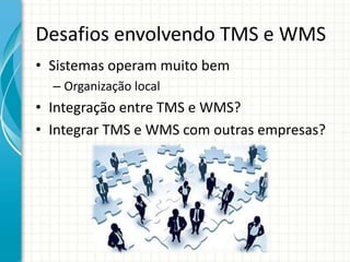 Desafios envolvendo TMS e WMS
• Sistemas operam muito bem
– Organização local
• Integração entre TMS e WMS?
• Integrar TMS e WMS com outras empresas?
 