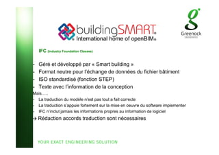 IFC (Industry Foundation Classes)
- Géré et développé par « Smart building »
- Format neutre pour l’échange de données du fichier bâtiment
- ISO standardisé (fonction STEP)
- Texte avec l’information de la conception
Mais…..
- La traduction du modèle n’est pas tout a fait correcte
- La traduction s’appuie fortement sur la mise en oeuvre du software implementer
- IFC n’inclut jamais les informations propres au information de logiciel
Rédaction accords traduction sont nécessaires
 