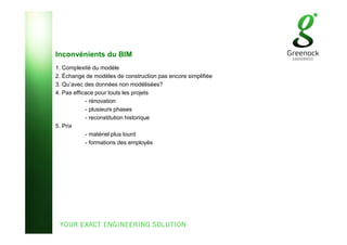 Inconvénients du BIM
1. Complexité du modèle
2. Échange de modèles de construction pas encore simplifiée
3. Qu’avec des données non modélisées?
4. Pas efficace pour touts les projets
- rénovation
- plusieurs phases
- reconstitution historique
5. Prix
- matériel plus lourd
- formations des employés
 