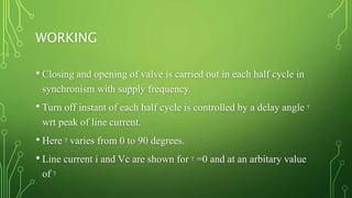 WORKING
• Closing and opening of valve is carried out in each half cycle in
synchronism with supply frequency.
• Turn off instant of each half cycle is controlled by a delay angle ᵞ
wrt peak of line current.
• Here ᵞ varies from 0 to 90 degrees.
• Line current i and Vc are shown for ᵞ =0 and at an arbitary value
of ᵞ
 