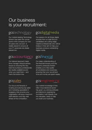 ology
ecruitment




             Our business
             is your recruitment:

             Our market-leading Technology     Our passion for all things digital
             division has been the corner-     ensures that our staff and our
             stone of the company for over     candidates are cutting-edge,
             20 years and, as such, is         creative professionals who will be
             ideally placed to ensure all      tireless in their aim to help your
             your IT vacancies are ideally     business produce outstanding
             placed too.                       digital media.




             Our tailored approach helps       Our deep understanding of
             firms manage critical business    the financial industry and the
             issues by ensuring the very       dynamic pressures therein
             best Accountancy professionals    enables us to fully qualify
             are readily available as and      all candidates and vacancies,
sengineering when you need them – and
                     recruitment
             that’s the bottom line.
                                               ensuring that your recruitment
                                               time and money are spent wisely.




             Our focus and tenacity in         Our market knowledge of this
             locating and placing top sales    often misunderstood sector
             and marketing specialists in      has given us a strong software
             engaging roles ensures your       and electronic engineering
             organisation will enjoy maximum   foundation, built steadily over
             staff retention and stay well     two decades, ready to help
             ahead of the competition.         you build your business.
 