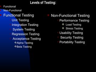 Levels of Testing:
 Functional
 Non-Functional
 Functional Testing
 Unit Testing
 Integration Testing
 System Testing
 Regression Testing
 Acceptance Testing
Alpha Testing
Beta Testing
 Non-Functional Testing
 Performance Testing
 Load Testing
 Stress Testing
 Usability Testing
 Security Testing
 Portability Testing
 