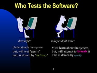 8
Who Tests the Software?
developerdeveloper independent testerindependent tester
Understands the systemUnderstands the system
but, will test "gently"but, will test "gently"
and, is driven by "and, is driven by "deliverydelivery""
Must learn about the system,Must learn about the system,
but, will attempt tobut, will attempt to breakbreak itit
and, is driven byand, is driven by qualityquality
 