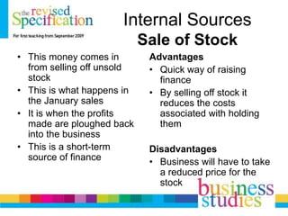 Internal Sources
Sale of Stock
• This money comes in
from selling off unsold
stock
• This is what happens in
the January sales
• It is when the profits
made are ploughed back
into the business
• This is a short-term
source of finance
Advantages
• Quick way of raising
finance
• By selling off stock it
reduces the costs
associated with holding
them
Disadvantages
• Business will have to take
a reduced price for the
stock
 