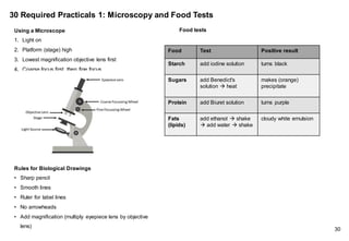 30 Required Practicals 1: Microscopy and Food Tests
Using a Microscope
1. Light on
2. Platform (stage) high
3. Lowest magnification objective lens first
4. Coarse focus first, then fine focus
30
Food Test Positive result
Starch add iodine solution turns black
Sugars add Benedict's
solution → heat
makes (orange)
precipitate
Protein add Biuret solution turns purple
Fats
(lipids)
add ethanol → shake
→ add water → shake
cloudy white emulsion
Food tests
Rules for Biological Drawings
• Sharp pencil
• Smooth lines
• Ruler for label lines
• No arrowheads
• Add magnification (multiply eyepiece lens by objective
lens)
 