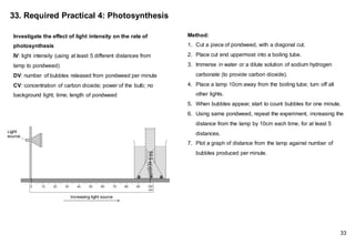 Method:
1. Cut a piece of pondweed, with a diagonal cut.
2. Place cut end uppermost into a boiling tube.
3. Immerse in water or a dilute solution of sodium hydrogen
carbonate (to provide carbon dioxide).
4. Place a lamp 10cm away from the boiling tube; turn off all
other lights.
5. When bubbles appear, start to count bubbles for one minute.
6. Using same pondweed, repeat the experiment, increasing the
distance from the lamp by 10cm each time, for at least 5
distances.
7. Plot a graph of distance from the lamp against number of
bubbles produced per minute.
33. Required Practical 4: Photosynthesis
Investigate the effect of light intensity on the rate of
photosynthesis
IV: light intensity (using at least 5 different distances from
lamp to pondweed)
DV: number of bubbles released from pondweed per minute
CV: concentration of carbon dioxide; power of the bulb; no
background light; time; length of pondweed
33
 