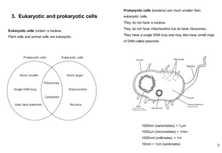 3. Eukaryotic and prokaryotic cells
Prokaryotic cells (bacteria) are much smaller than
eukaryotic cells.
They do not have a nucleus.
They do not have mitochondria but do have ribosomes.
They have a single DNA loop and may also have small rings
of DNA called plasmids.
1000nm (nanometres) = 1mm
1000mm (micrometres) = 1mm
1000mm (millimetre) = 1m
10mm = 1cm (centimetre) 3
Eukaryotic cells contain a nucleus.
Plant cells and animal cells are eukaryotic.
 