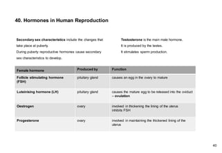 Secondary sex characteristics include the changes that
take place at puberty.
During puberty reproductive hormones cause secondary
sex characteristics to develop.
40. Hormones in Human Reproduction
40
Female hormone Produced by Function
Follicle stimulating hormone
(FSH)
pituitary gland causes an egg in the ovary to mature
Luteinising hormone (LH) pituitary gland causes the mature egg to be released into the oviduct
– ovulation
Oestrogen ovary involved in thickening the lining of the uterus
inhibits FSH
Progesterone ovary involved in maintaining the thickened lining of the
uterus
Testosterone is the main male hormone.
It is produced by the testes.
It stimulates sperm production.
 