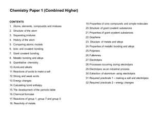 Chemistry Paper 1 (Combined Higher)
CONTENTS
1. Atoms, elements, compounds and mixtures
2. Structure of the atom
3. Separating mixtures
4. History of the atom
5. Comparing atomic models
6. Ionic and covalent bonding
7. Giant covalent bonding
8. Metallic bonding and alloys
9. Quantitative chemistry
10.Acids and alkalis
11.Reactions of acids to make a salt
12.Strong and weak acids
13.Energy changes
14.Calculating bond enthalpy
15.The development of the periodic table
16.Chemical formulae
17.Reactions of group 1, group 7 and group 0
18. Reactivity of metals
17. Required Practicals
Preparing a pure, dry sample of a salt.
Electrolysis of aqueous solutions
Temperature changes when solutions react
Titration of a strong acid and alkali
19.Properties of ionic compounds and simple molecules
20.Structure of giant covalent substances
21.Properties of giant covalent substances
22.Graphene
23. Structure of metals and alloys
24.Properties of metallic bonding and alloys
25.Polymers
26.Fullerenes
27.Electrolysis
28.Processes occurring during electrolysis
29.Electrolysis as an industrial process
30.Extraction of aluminium using electrolysis
31.Required practicals 1 – making a salt and electrolysis
32.Required practicals 2 – energy changes
 