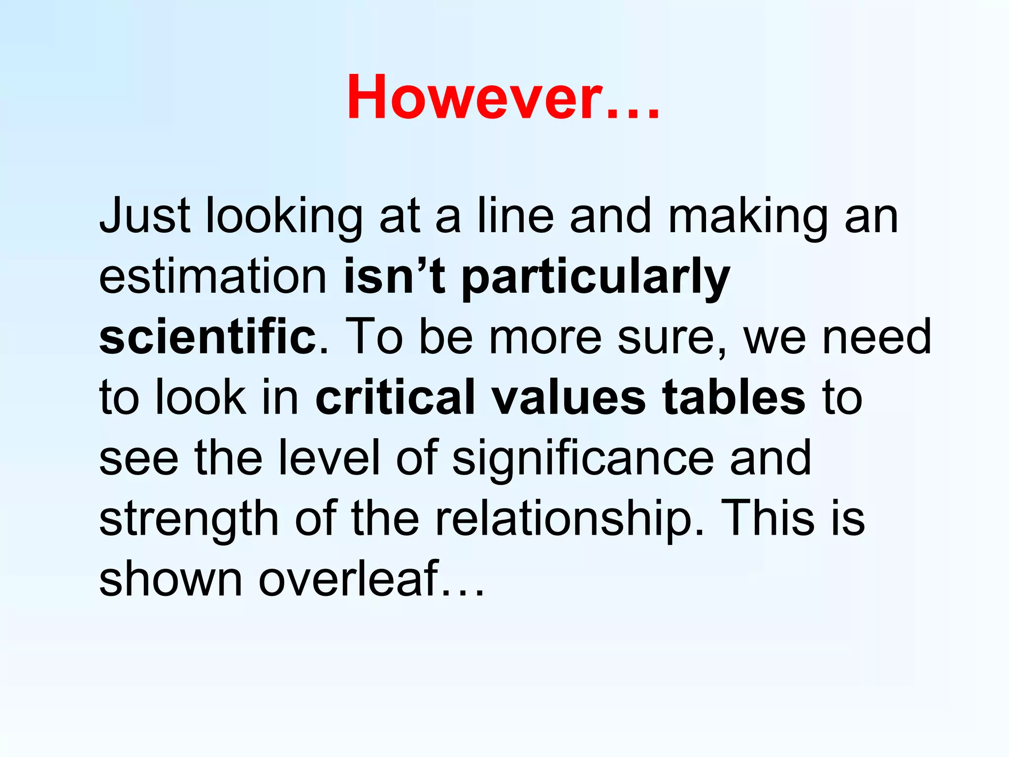 However…
Just looking at a line and making an
estimation isn’t particularly
scientific. To be more sure, we need
to look in critical values tables to
see the level of significance and
strength of the relationship. This is
shown overleaf…
 