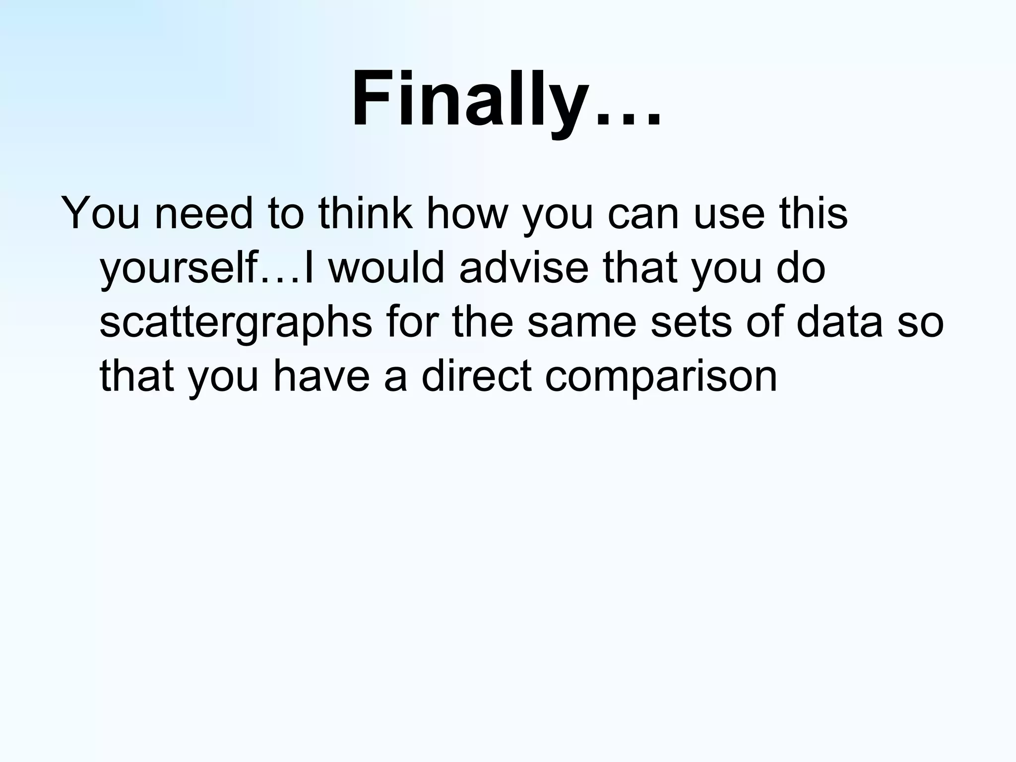 Finally… You need to think how you can use this yourself…I would advise that you do scattergraphs for the same sets of data so that you have a direct comparison 
