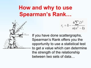 How and why to use Spearman’s Rank… If you have done scattergraphs, Spearman’s Rank offers you the opportunity to use a statistical test to get a value which can determine the strength of the relationship between two sets of data… 