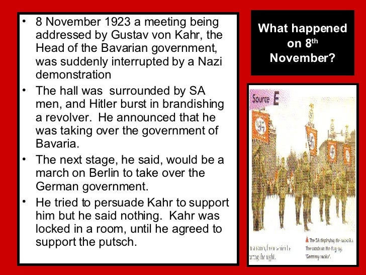 was the munich putsch of 1923 a success? essay A powerpoint going through the munich putsch and whether it was a failure or a success the starter is a set of questions on the munich putsch scene in the rise of evil and the homework is an exam question please feel free to leave a commen. was the munich putsch of 1923 a success? essay A powerpoint going through the munich putsch and whether it was a failure or a success the starter is a set of questions on the munich putsch scene in the rise of evil and the homework is an exam question please feel free to leave a commen.