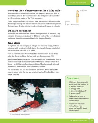 B1: You and Your genes




How does the Y chromosome make a baby male?                                                       SRY gene

A male embryo’s testes develop when it is about six weeks old. This is
caused by a gene on the Y chromosome – the SRY gene. SRY stands for
‘sex-determining region of the Y chromosome’.

Testes produce male sex hormones called androgens. Androgens make
the embryo develop into a male. If there is no male sex hormone present,
                                                                             The Y chromosome
the sex organs develop into the ovaries, clitoris, and vagina of a female.


What are hormones?
Hormones are chemicals that control many processes in the cells. Tiny
amounts of hormones are made by different parts of the body. You can
read more about hormones in Module B2: Keeping Healthy.


Jan’s story
At eighteen Jan was studying at college. She was very happy, and was
going out with a college football player. She thought her periods hadn’t
started because she did a lot of sport.

Then in a science class Jan looked at the chromosomes in her cheek
cells. She discovered that she had male sex chromosomes – XY.

Sometimes a person has X and Y chromosomes but looks female. This is
because their body makes androgens but the cells take no notice of it.
About 1 in 20 000 people have this condition. They have small internal
testes and a short vagina. They can’t have children.

Jan had no idea she had this condition. She found it very difficult to
come to terms with. But she has now told her boyfriend and they have
stayed together.

                                                                             Questions
                                                                             1 Which sex chromosome(s)
                                                                               would be in the nucleus of:
                                                                               a a man’s body cell?
                                                                               b an egg cell?
                                                                               c a woman’s body cell?
                                                                               d a sperm cell?
                                                                             2 explain why an embryo
                                                                               needs the Y chromosome to
                                                                               become a boy.
                                                                             3 Imagine you are Jan or
                                                                               her boyfriend. How
                                                                               would you have felt about
                                                                               her condition?

     Jan on holiday, aged eighteen.



                                                                                  D: MaLe or FeMaLe?         23
 
