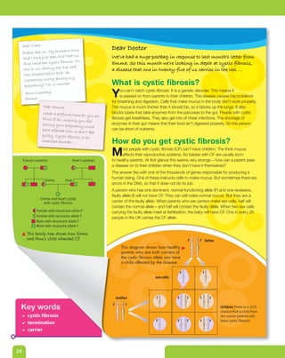 Dear Clare,
                                 nd Huw                  Dear Doctor
     Please help us. My husba
     and I have jus t been told that our                 We’ve had a huge postbag in response to last month’s letter from
                                rosis. No
     first child has cystic fib                          Emma. So this month we’re looking in depth at cystic fibrosis,
     one in our fam   ily has ever had                   a disease that one in twenty-five of us carries in the UK …
                               I do
      this disease before. Did
      something wro   ng during my
      pregnancy? I’m so worried
                                   .                     What is cystic fibrosis?
      Yours sincerely
      Emma
                                                         Y    ou can’t catch cystic fibrosis. It is a genetic disorder. This means it
                                                              is passed on from parents to their children. The disease causes big problems
                                                         for breathing and digestion. Cells that make mucus in the body don’t work properly.
                  Dear Emma,                             The mucus is much thicker than it should be, so it blocks up the lungs. It also
                  What a difficult time for              blocks tubes that take enzymes from the pancreas to the gut. People with cystic
                                              you all.
                  First of all, nothing you              fibrosis get breathless. They also get lots of chest infections. The shortage of
                                             did
                  during your pregnancy                  enzymes in their gut means that their food isn’t digested properly. So the person
                                            could
                 have affected this, so don              can be short of nutrients.
                                            ’t feel
                 guilty. Cystic fibrosis is
                                            an
                 inherited disorder …                    How do you get cystic fibrosis?

     Emma’s parents                  Huw’s parents
                                                         M     ost people with cystic fibrosis (CF) can’t have children. The thick mucus
                                                               affects their reproductive systems. So babies with CF are usually born
                                                         to healthy parents. At first glance this seems very strange – how can a parent pass
                                                         a disease on to their children when they don’t have it themselves?
                                                         The answer lies with one of the thousands of genes responsible for producing a
                                                         human being. One of these instructs cells to make mucus. But sometimes there are
                   Emma        Huw
                                                         errors in the DNA, so that it does not do its job.
                                                         A person who has one dominant, normal-functioning allele (F) and one recessive,
                                                         faulty allele (f) will not have CF. They can still make normal mucus. But they are a
                Emma and Huw’s child
                 with cystic fibrosis                    carrier of the faulty allele. When parents who are carriers make sex cells, half will
                                                         contain the normal allele – and half will contain the faulty allele. When two sex cells
             Female with dominant allele F               carrying the faulty allele meet at fertilisation, the baby will have CF. One in every 25
             Female with recessive allele f              people in the UK carries the CF allele.
             Male with dominant allele F
             Male with recessive allele f

       This family tree shows how Emma
       and Huw's child inherited CF.                                                                     F     f father
                                                               This diagram shows how healthy
                                                               parents who are both carriers of
                                                               the cystic fibrosis allele can have
                                                               a child affected by the disease.

                                                                                                     F             f
                                                                                   sex cells




                                                             mother                 f            F       f     f       f

 Key words                                               F        f
                                                                                                                            children There is a 25%
                                                                                                                            chance that a child from
  cystic fibrosis                                                                                                          the carrier parents will
                                                                                    F            F       F     f       F    have cystic fibrosis.
  termination
  carrier



26
 