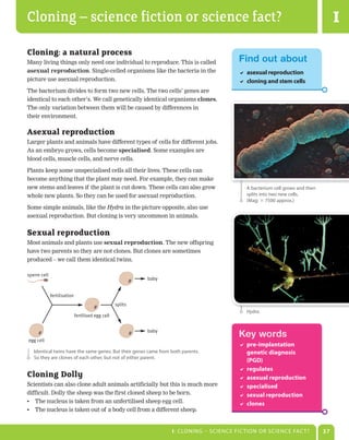 Cloning – science fiction or science fact?                                                                                         I
Cloning: a natural process
Many living things only need one individual to reproduce. This is called                 Find out about
asexual	reproduction. Single-celled organisms like the bacteria in the                    asexual reproduction
picture use asexual reproduction.                                                         cloning and stem cells
The bacterium divides to form two new cells. The two cells’ genes are
identical to each other’s. We call genetically identical organisms clones.
The only variation between them will be caused by differences in
their environment.

Asexual reproduction
Larger plants and animals have different types of cells for different jobs.
As an embryo grows, cells become specialised. Some examples are
blood cells, muscle cells, and nerve cells.

Plants keep some unspecialised cells all their lives. These cells can
become anything that the plant may need. For example, they can make
new stems and leaves if the plant is cut down. These cells can also grow                    a bacterium cell grows and then
whole new plants. So they can be used for asexual reproduction.                             splits into two new cells.
                                                                                            (Mag: ϫ 7500 approx.)
Some simple animals, like the Hydra in the picture opposite, also use
asexual reproduction. But cloning is very uncommon in animals.


Sexual reproduction
Most animals and plants use sexual	reproduction. The new offspring
have two parents so they are not clones. But clones are sometimes
produced – we call them identical twins.

sperm cell
                                                            baby


             fertilisation
                                                   splits
                                                                                            Hydra.
                             fertilised egg cell


                                                            baby
                                                                                         Key words
egg cell
                                                                                          pre-implantation
   Identical twins have the same genes. But their genes came from both parents.            genetic diagnosis
   so they are clones of each other, but not of either parent.
                                                                                           (PGD)
                                                                                          regulates
Cloning Dolly                                                                             asexual reproduction
Scientists can also clone adult animals artificially but this is much more                specialised
difficult. Dolly the sheep was the first cloned sheep to be born.                         sexual reproduction
•	 The nucleus is taken from an unfertilised sheep egg cell.                              clones
•	 The nucleus is taken out of a body cell from a different sheep.


                                                                   I: CLonIng – sCIenCe FIC TIon or sCIenCe FaC T?            37
 