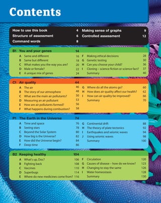 Contents
Contents
How to use this book                          4    Making sense of graphs                         9
Structure of assessment                       6    Controlled assessment                         12
Command words                                 8

B1 	 You and your genes                       14
	   A	   Same and different                  	16 F	 Making ethical decisions                      28
	   B	   Same but different                  	18 G	 Genetic testing                               30
	   C	   What makes you the way you are?     	20 H	 Can you choose your child?                    36
	   D	   Male or female?                     	22 I	 Cloning – science fiction or science fact?    37
	   E	   A unique mix of genes               		Summary
                                              24                                                  40


C1 	 Air quality                             44
	    A	 The air                               	46 G	 Where do all the atoms go?                   60
	   B	   The story of our atmosphere          	48 H	 How does air quality affect our health?      62
	   C	   What are the main air pollutants?    	50 I	 How can air quality be improved?             66
	   D	   Measuring an air pollutant            53
                                              		Summary                                           70
	   E	   How are air pollutants formed?        56
                                              		
	   F	   What happens during combustion?       58


P1 	 The Earth in the Universe               74
	    A	 Time and space                        	76 G	 Continental drift                            88
	   B	   Seeing stars                         	78 H	 The theory of plate tectonics                92
	   C	   Beyond the Solar System               80
                                              	I	 Earthquakes and seismic waves                   94
	   D	   How big is the Universe?              82
                                              	J	 Using seismic waves                             98
	   E	   How did the Universe begin?           84
                                              		Summary                                          100
	   F	   Deep time                             86


B2 	Keeping healthy                          104
	   A	 What's up, Doc?                       106 F	Circulation
                                              	                                                  120
	   B	 Fighting back                         108 G	 Causes of disease – how do we know?
                                              	                                                  123
	   C	Vaccines                               110 H	 Changing to stay the same
                                              	                                                  126
	   D	Superbugs                              114 I	 Water homeostasis
                                              	                                                  128
	   E	 Where do new medicines come from?      		Summary
                                             116                                                 130
 