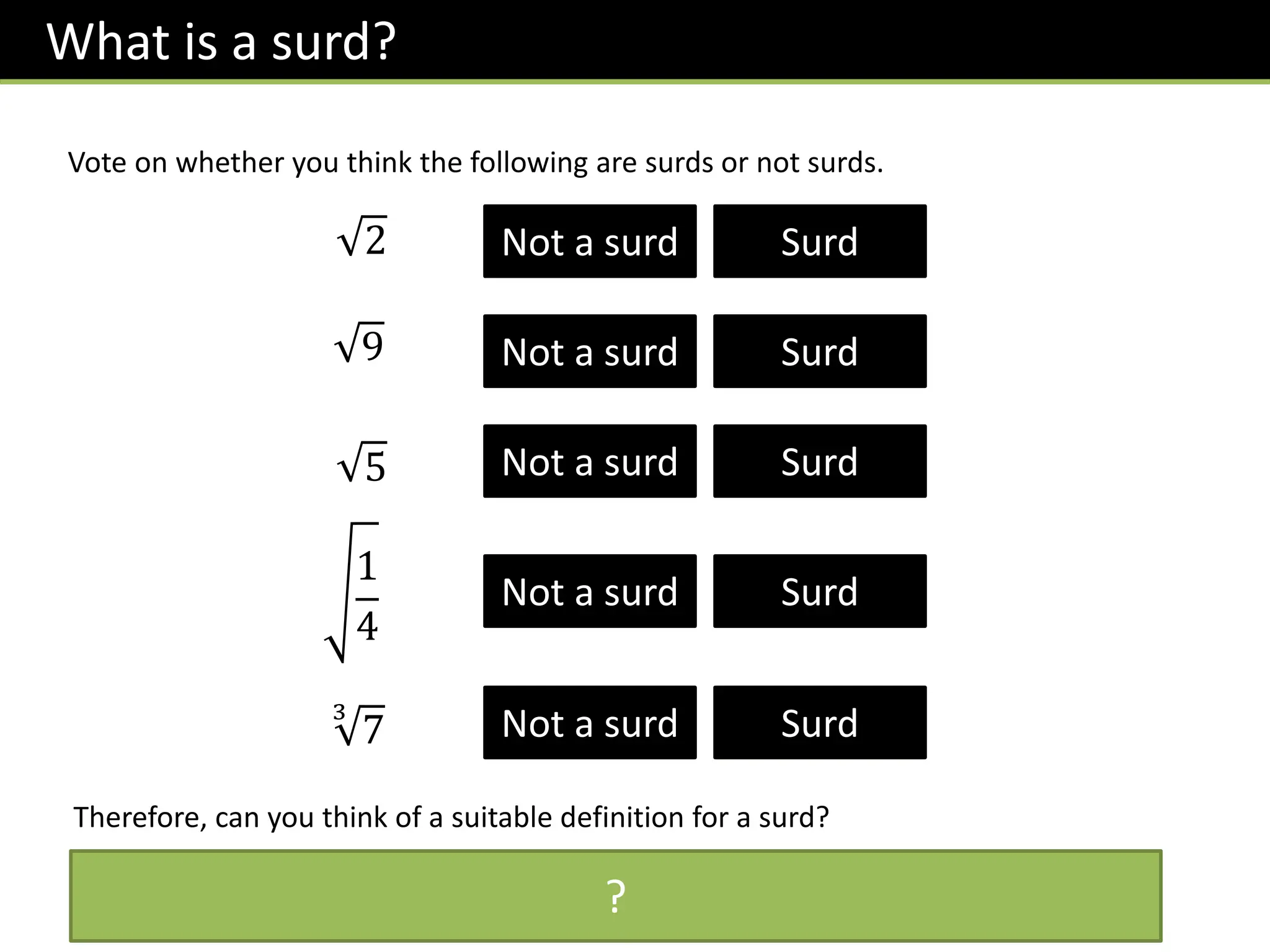 What is a surd?
Vote on whether you think the following are surds or not surds.
Therefore, can you think of a suitable definition for a surd?
A surd is a root of a number that cannot be simplified to a rational number.


Not a surd Surd
 
Not a surd Surd


Not a surd Surd
 
Not a surd Surd
?
3
7 

Not a surd Surd
2
9
5
1
4
 