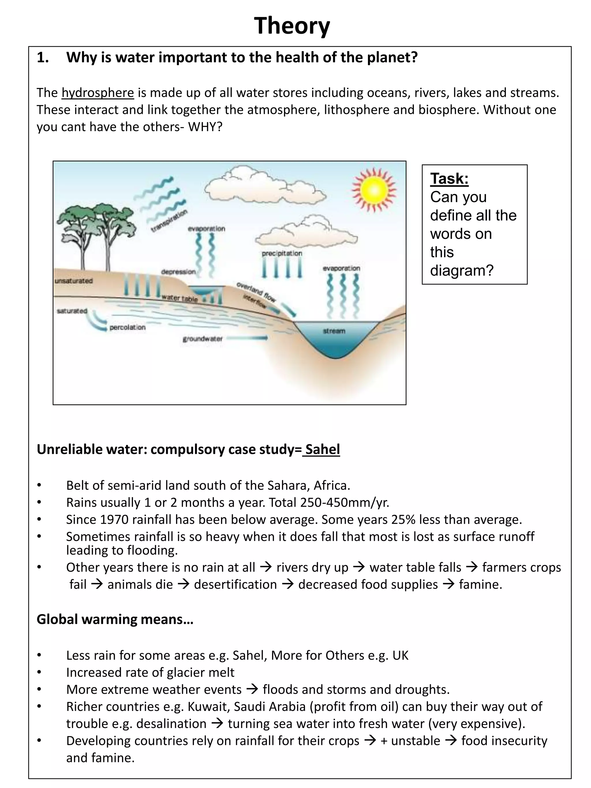 1. Why is water important to the health of the planet?
The hydrosphere is made up of all water stores including oceans, rivers, lakes and streams.
These interact and link together the atmosphere, lithosphere and biosphere. Without one
you cant have the others- WHY?
Unreliable water: compulsory case study= Sahel
• Belt of semi-arid land south of the Sahara, Africa.
• Rains usually 1 or 2 months a year. Total 250-450mm/yr.
• Since 1970 rainfall has been below average. Some years 25% less than average.
• Sometimes rainfall is so heavy when it does fall that most is lost as surface runoff
leading to flooding.
• Other years there is no rain at all  rivers dry up  water table falls  farmers crops
fail  animals die  desertification  decreased food supplies  famine.
Global warming means…
• Less rain for some areas e.g. Sahel, More for Others e.g. UK
• Increased rate of glacier melt
• More extreme weather events  floods and storms and droughts.
• Richer countries e.g. Kuwait, Saudi Arabia (profit from oil) can buy their way out of
trouble e.g. desalination  turning sea water into fresh water (very expensive).
• Developing countries rely on rainfall for their crops  + unstable  food insecurity
and famine.
Theory
Task:
Can you
define all the
words on
this
diagram?
 