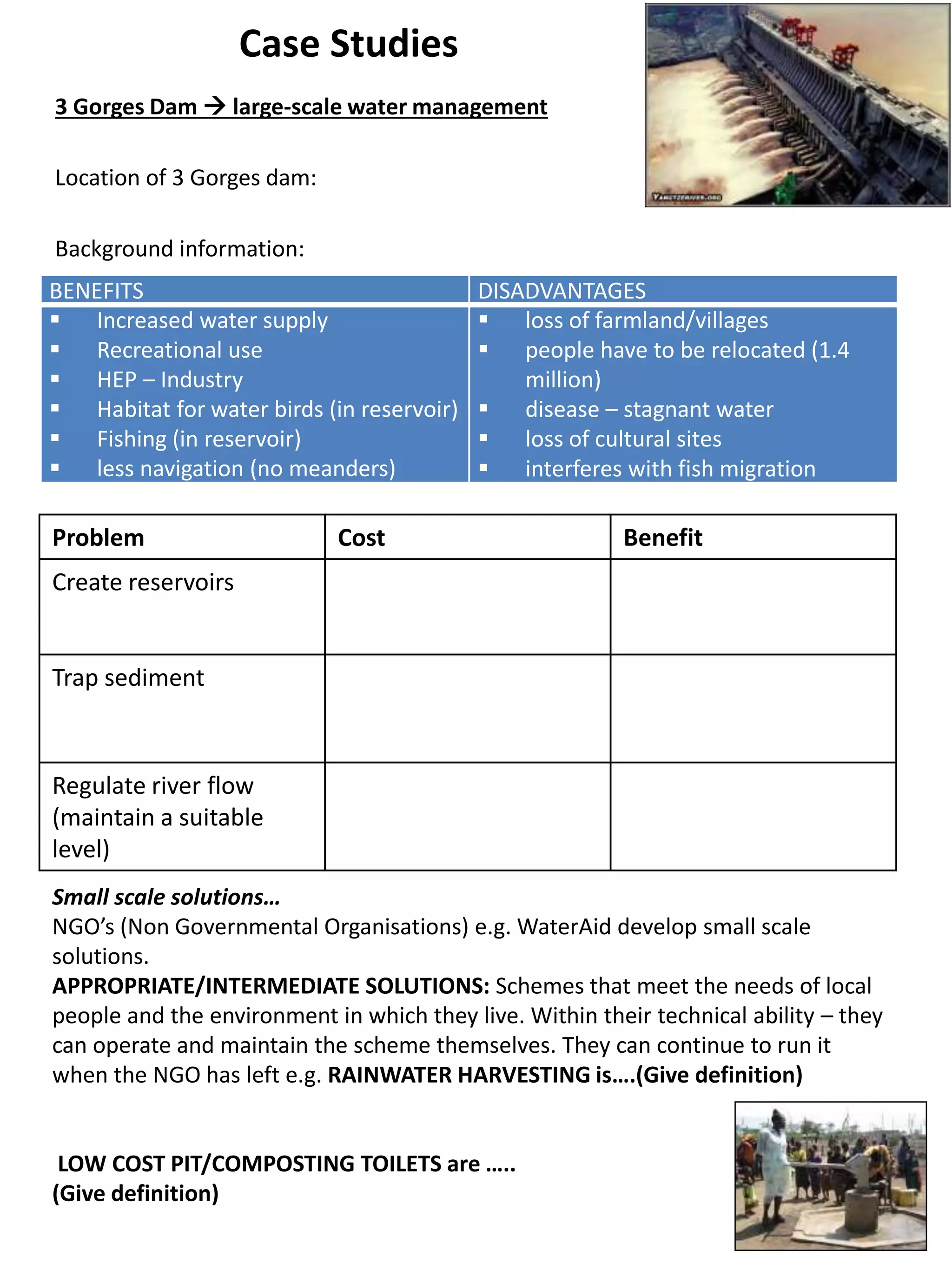 Case Studies
3 Gorges Dam  large-scale water management
Location of 3 Gorges dam:
Background information:
Problem Cost Benefit
Create reservoirs
Trap sediment
Regulate river flow
(maintain a suitable
level)
Small scale solutions…
NGO’s (Non Governmental Organisations) e.g. WaterAid develop small scale
solutions.
APPROPRIATE/INTERMEDIATE SOLUTIONS: Schemes that meet the needs of local
people and the environment in which they live. Within their technical ability – they
can operate and maintain the scheme themselves. They can continue to run it
when the NGO has left e.g. RAINWATER HARVESTING is….(Give definition)
LOW COST PIT/COMPOSTING TOILETS are …..
(Give definition)
BENEFITS DISADVANTAGES
 Increased water supply
 Recreational use
 HEP – Industry
 Habitat for water birds (in reservoir)
 Fishing (in reservoir)
 less navigation (no meanders)
 loss of farmland/villages
 people have to be relocated (1.4
million)
 disease – stagnant water
 loss of cultural sites
 interferes with fish migration
 