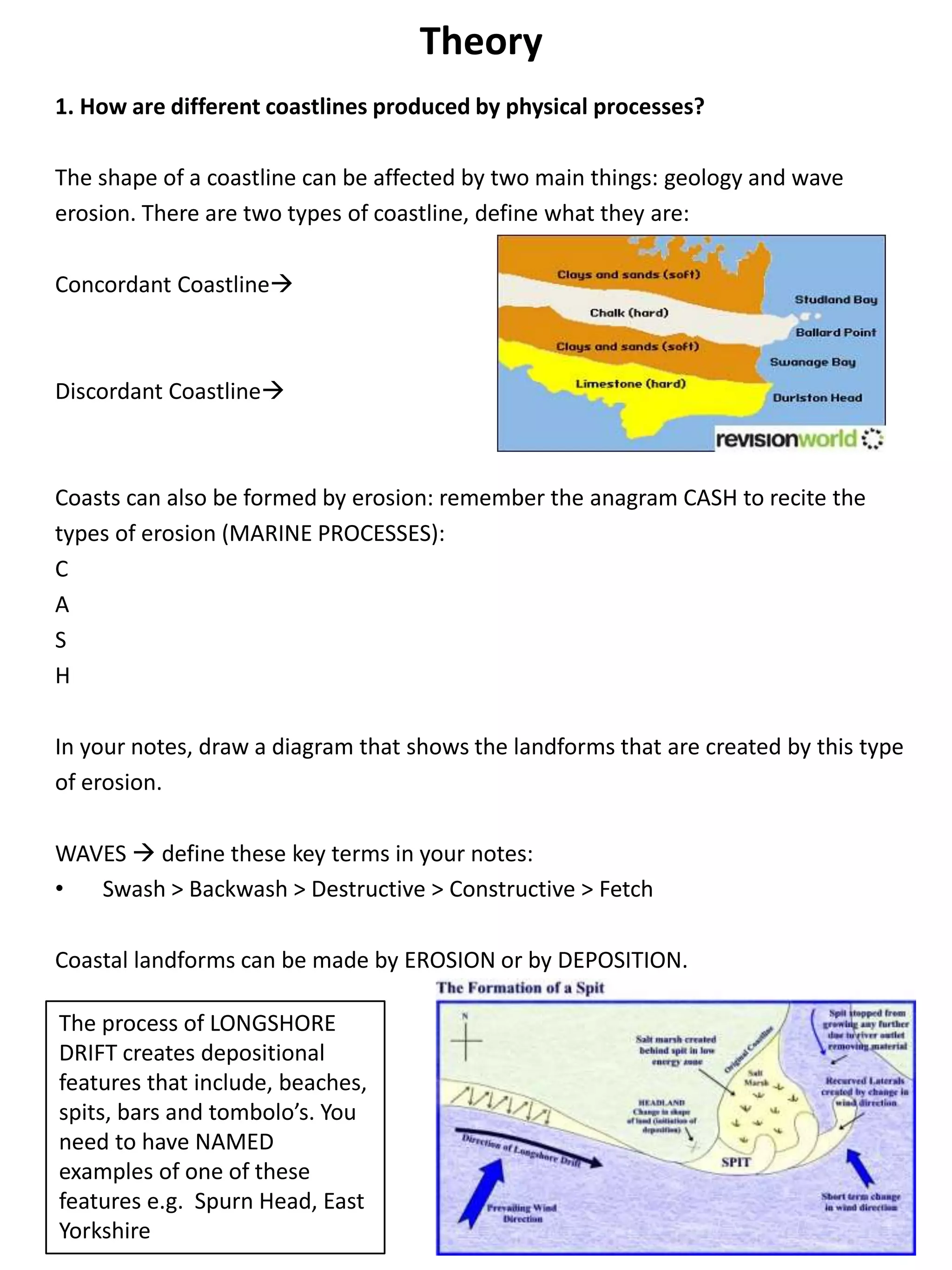 Theory
1. How are different coastlines produced by physical processes?
The shape of a coastline can be affected by two main things: geology and wave
erosion. There are two types of coastline, define what they are:
Concordant Coastline
Discordant Coastline
Coasts can also be formed by erosion: remember the anagram CASH to recite the
types of erosion (MARINE PROCESSES):
C
A
S
H
In your notes, draw a diagram that shows the landforms that are created by this type
of erosion.
WAVES  define these key terms in your notes:
• Swash > Backwash > Destructive > Constructive > Fetch
Coastal landforms can be made by EROSION or by DEPOSITION.
The process of LONGSHORE
DRIFT creates depositional
features that include, beaches,
spits, bars and tombolo’s. You
need to have NAMED
examples of one of these
features e.g. Spurn Head, East
Yorkshire
 