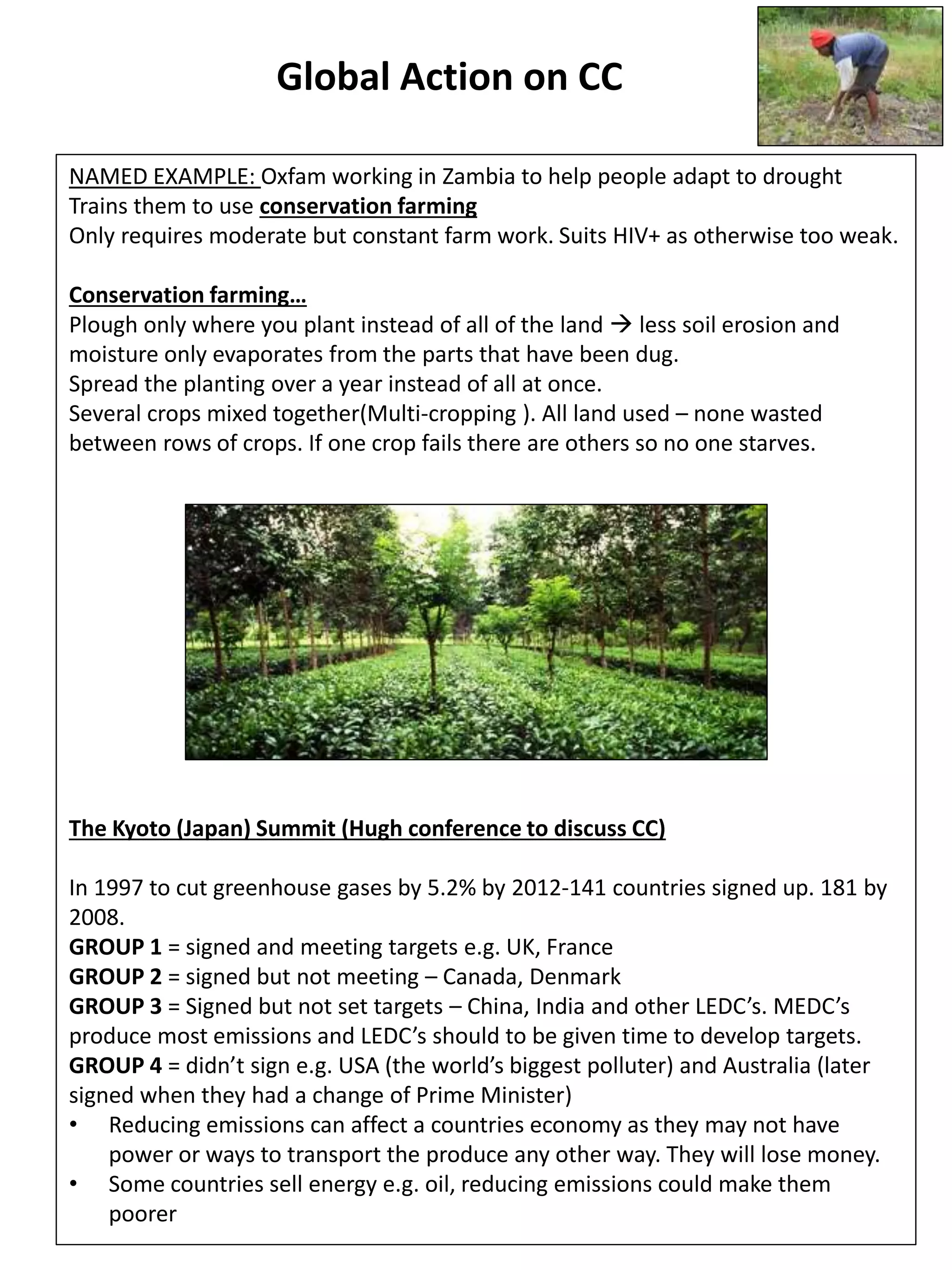 Global Action on CC
NAMED EXAMPLE: Oxfam working in Zambia to help people adapt to drought
Trains them to use conservation farming
Only requires moderate but constant farm work. Suits HIV+ as otherwise too weak.
Conservation farming…
Plough only where you plant instead of all of the land  less soil erosion and
moisture only evaporates from the parts that have been dug.
Spread the planting over a year instead of all at once.
Several crops mixed together(Multi-cropping ). All land used – none wasted
between rows of crops. If one crop fails there are others so no one starves.
The Kyoto (Japan) Summit (Hugh conference to discuss CC)
In 1997 to cut greenhouse gases by 5.2% by 2012-141 countries signed up. 181 by
2008.
GROUP 1 = signed and meeting targets e.g. UK, France
GROUP 2 = signed but not meeting – Canada, Denmark
GROUP 3 = Signed but not set targets – China, India and other LEDC’s. MEDC’s
produce most emissions and LEDC’s should to be given time to develop targets.
GROUP 4 = didn’t sign e.g. USA (the world’s biggest polluter) and Australia (later
signed when they had a change of Prime Minister)
• Reducing emissions can affect a countries economy as they may not have
power or ways to transport the produce any other way. They will lose money.
• Some countries sell energy e.g. oil, reducing emissions could make them
poorer
 