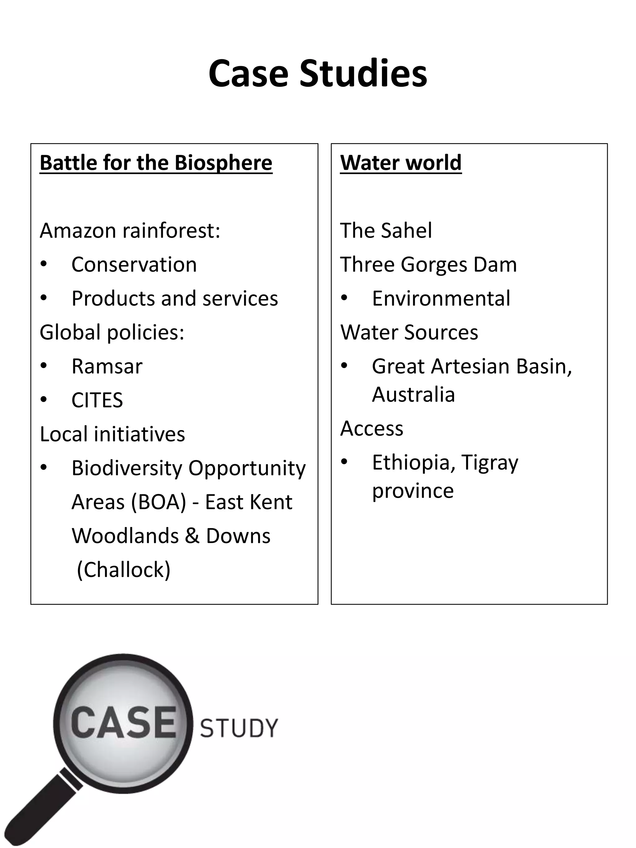 Case Studies
Battle for the Biosphere
Amazon rainforest:
• Conservation
• Products and services
Global policies:
• Ramsar
• CITES
Local initiatives
• Biodiversity Opportunity
Areas (BOA) - East Kent
Woodlands & Downs
(Challock)
Water world
The Sahel
Three Gorges Dam
• Environmental
Water Sources
• Great Artesian Basin,
Australia
Access
• Ethiopia, Tigray
province
 