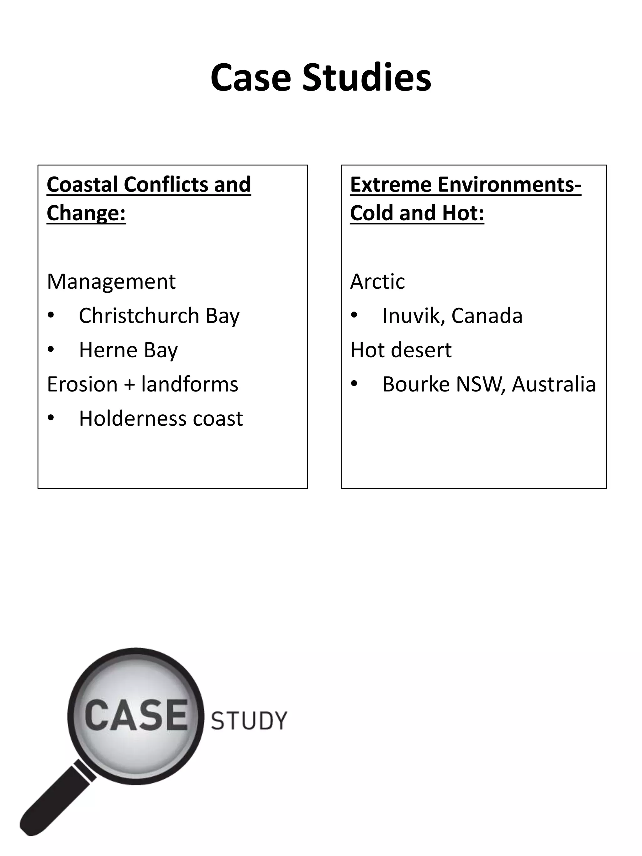 Case Studies
Coastal Conflicts and
Change:
Management
• Christchurch Bay
• Herne Bay
Erosion + landforms
• Holderness coast
Extreme Environments-
Cold and Hot:
Arctic
• Inuvik, Canada
Hot desert
• Bourke NSW, Australia
 
