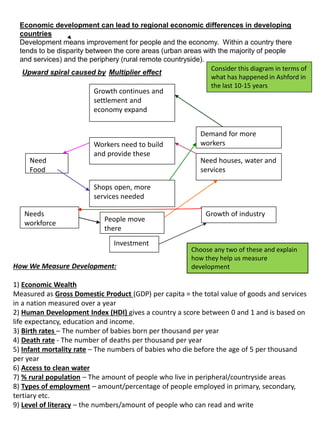 Need houses, water and
services
Growth continues and
settlement and
economy expand
Demand for more
workersWorkers need to build
and provide these
Need
Food
Shops open, more
services needed
Needs
workforce
People move
there
Growth of industry
Investment
Economic development can lead to regional economic differences in developing
countries
Development means improvement for people and the economy. Within a country there
tends to be disparity between the core areas (urban areas with the majority of people
and services) and the periphery (rural remote countryside).
Upward spiral caused by Multiplier effect
How We Measure Development:
1) Economic Wealth
Measured as Gross Domestic Product (GDP) per capita = the total value of goods and services
in a nation measured over a year
2) Human Development Index (HDI) gives a country a score between 0 and 1 and is based on
life expectancy, education and income.
3) Birth rates – The number of babies born per thousand per year
4) Death rate - The number of deaths per thousand per year
5) Infant mortality rate – The numbers of babies who die before the age of 5 per thousand
per year
6) Access to clean water
7) % rural population – The amount of people who live in peripheral/countryside areas
8) Types of employment – amount/percentage of people employed in primary, secondary,
tertiary etc.
9) Level of literacy – the numbers/amount of people who can read and write
Consider this diagram in terms of
what has happened in Ashford in
the last 10-15 years
Choose any two of these and explain
how they help us measure
development
 