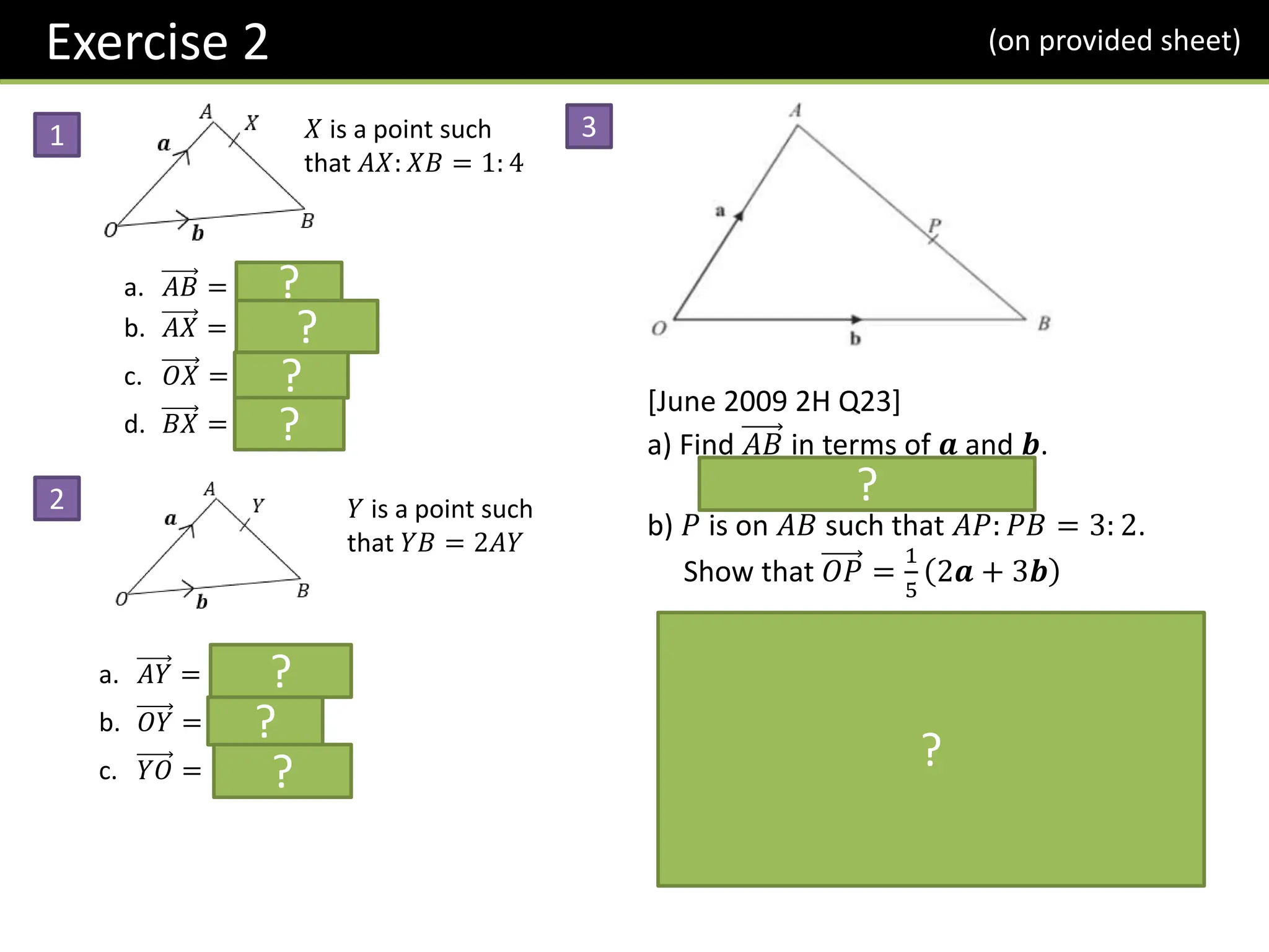 a. 𝐴𝐵 = −𝒂 + 𝒃
b. 𝐴𝑋 = −
1
5
𝒂 +
1
5
𝒃
c. 𝑂𝑋 =
4
5
𝒂 +
1
5
𝒃
d. 𝐵𝑋 =
4
5
𝒂 −
4
5
𝒃
a. 𝐴𝑌 = −
1
3
𝒂 +
1
3
𝒃
b. 𝑂𝑌 =
2
3
𝒂 +
1
3
𝒃
c. 𝑌𝑂 = −
2
3
𝒂 −
1
3
𝒃
1
2
?
?
?
?
?
?
?
Exercise 2 (on provided sheet)
𝑋 is a point such
that 𝐴𝑋: 𝑋𝐵 = 1: 4
𝑌 is a point such
that 𝑌𝐵 = 2𝐴𝑌
3
[June 2009 2H Q23]
a) Find 𝐴𝐵 in terms of 𝒂 and 𝒃.
𝐴𝐵 = −𝒂 + 𝒃 𝑜𝑟 𝒃 − 𝒂
b) 𝑃 is on 𝐴𝐵 such that 𝐴𝑃: 𝑃𝐵 = 3: 2.
Show that 𝑂𝑃 =
1
5
2𝒂 + 3𝒃
?
?
 