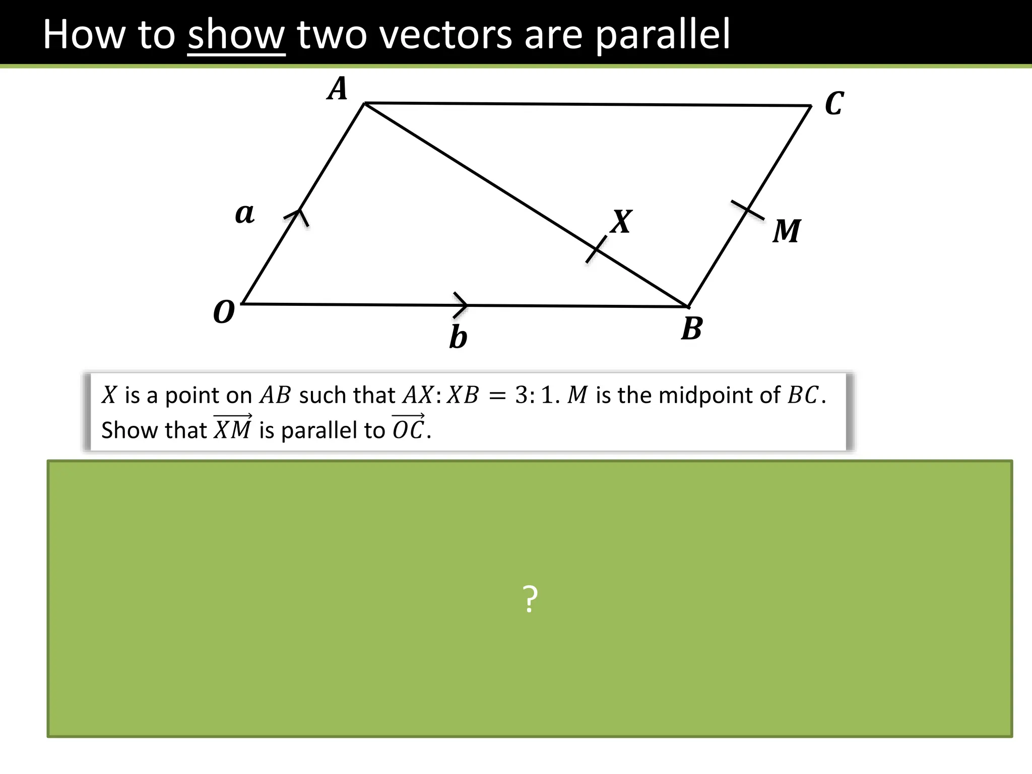 How to show two vectors are parallel
𝒂
𝑴
𝑶 𝑩
𝑿
𝒃
𝑨 𝑪
𝑋 is a point on 𝐴𝐵 such that 𝐴𝑋: 𝑋𝐵 = 3: 1. 𝑀 is the midpoint of 𝐵𝐶.
Show that 𝑋𝑀 is parallel to 𝑂𝐶.
𝑂𝐶 = 𝑎 + 𝑏
𝑋𝑀 =
1
4
−𝑎 + 𝑏 +
1
2
𝑎 =
1
4
𝑎 +
1
4
𝑏
=
1
4
𝑎 + 𝑏
𝑋𝑀 is a multiple of 𝑂𝐶 ∴ parallel.
The key is to factor out a scalar such
that we see the same vector.
For any proof question always find the vectors
involved first, in this case 𝑋𝑀 and 𝑂𝐶.
The magic words here are
“is a multiple of”.
?
 