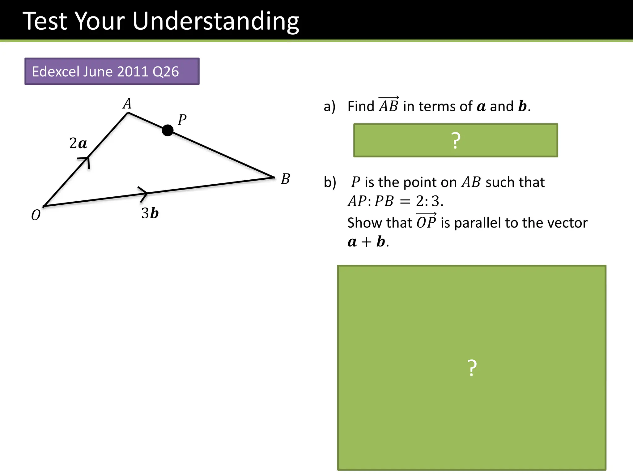 Test Your Understanding
𝑃
𝐵
𝑂
𝐴
2𝒂
3𝒃
a) Find 𝐴𝐵 in terms of 𝒂 and 𝒃.
−2𝒂 + 3𝒃
b) 𝑃 is the point on 𝐴𝐵 such that
𝐴𝑃: 𝑃𝐵 = 2: 3.
Show that 𝑂𝑃 is parallel to the vector
𝒂 + 𝒃.
?
Edexcel June 2011 Q26
Bro Exam Note: Notice that the mark
scheme didn’t specifically require “is a
multiple of” here (but write it anyway!), but
DID explicitly factorise out the
6
5
?
 