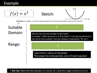 Example
Suitable
Domain:
for all 𝑥
Range:
We can use any real number as the input!
In ‘proper’ maths we’d use 𝑥 ∈ ℝ to mean “𝑥 can be any element in
the set of real numbers”, but the syllabus is looking for “for all 𝑥”.
𝑓 𝑥 ≥ 0
Look at the 𝑦 values on the graph.
The output has to be positive, since it’s been squared.
?
?
𝑓 𝑥 = 𝑥2
Sketch:
𝑥
𝑦
B Bro Tip: Note that the domain is in terms of 𝑥 and the range in terms of 𝑓 𝑥 .
Bro Note: By ‘suitable’, I mean the largest possible set of values that could be input into the function.
 