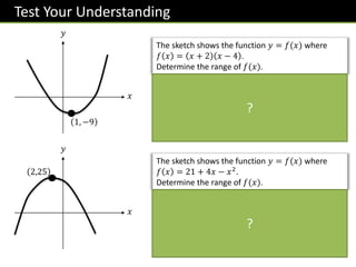 Test Your Understanding
𝑥
𝑦
The sketch shows the function 𝑦 = 𝑓(𝑥) where
𝑓 𝑥 = 𝑥 + 2 𝑥 − 4 .
Determine the range of 𝑓(𝑥).
𝑥 + 2 𝑥 − 4 = 𝑥2
− 2𝑥 − 8
= 𝑥 − 1 2
− 9
Therefore 𝑓 𝑥 ≥ −9
𝑥
𝑦
The sketch shows the function 𝑦 = 𝑓(𝑥) where
𝑓 𝑥 = 21 + 4𝑥 − 𝑥2
.
Determine the range of 𝑓(𝑥).
− 𝑥2 − 4𝑥 − 21 = − 𝑥 − 2 2 − 4 − 21
= 25 − 𝑥 − 2 2
Therefore 𝑓 𝑥 ≤ 25
1, −9
2,25
?
?
 