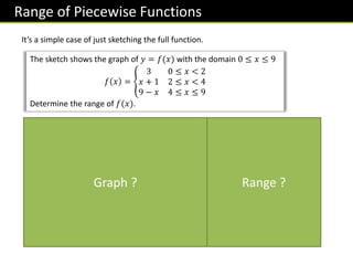 Range of Piecewise Functions
It’s a simple case of just sketching the full function.
The sketch shows the graph of 𝑦 = 𝑓(𝑥) with the domain 0 ≤ 𝑥 ≤ 9
𝑓 𝑥 =
3 0 ≤ 𝑥 < 2
𝑥 + 1 2 ≤ 𝑥 < 4
9 − 𝑥 4 ≤ 𝑥 ≤ 9
Determine the range of 𝑓(𝑥).
Range:
𝟎 ≤ 𝒇 𝒙 ≤ 𝟓
Graph ? Range ?
 