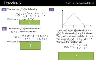 Exercise 5
The function 𝑓(𝑥) is defined as:
𝑓 𝑥 = 𝑥2
− 4 0 ≤ 𝑥 < 3
14 − 3𝑥 3 ≤ 𝑥 ≤ 5
Work out the range of 𝑓 𝑥 .
𝒇(𝒙) ≤ 𝟓
The function 𝑓(𝑥) has the domain
−3 ≤ 𝑥 ≤ 3 and is defined as:
𝑓 𝑥 = 𝑥2
+ 3𝑥 + 2 −3 ≤ 𝑥 < 0
2 + 𝑥 0 ≤ 𝑥 ≤ 3
Work out the range of 𝑓 𝑥 .
−
𝟏
𝟒
≤ 𝒇 𝒙 ≤ 𝟓
[June 2012 Paper 2] A sketch of 𝑦 =
𝑔(𝑥) for domain 0 ≤ 𝑥 ≤ 8 is shown.
The graph is symmetrical about 𝑥 = 4.
The range of 𝑔(𝑥) is 0 ≤ 𝑔 𝑥 ≤ 12.
Work out the function 𝑔(𝑥).
𝑔 𝑥 =
? 0 ≤ 𝑥 ≤ 4
? 4 < 𝑥 ≤ 8
𝒈 𝒙 =
𝟑𝒙 𝟎 ≤ 𝒙 ≤ 𝟒
𝟐𝟒 − 𝟑𝒙 𝟒 < 𝒙 ≤ 𝟖
11 13
12
?
?
?
(exercises on provided sheet)
 
