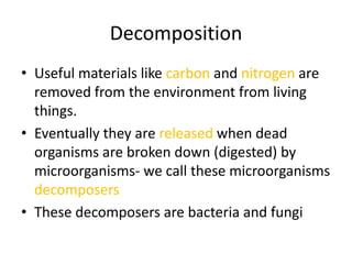 Decomposition
• Useful materials like carbon and nitrogen are
  removed from the environment from living
  things.
• Eventually they are released when dead
  organisms are broken down (digested) by
  microorganisms- we call these microorganisms
  decomposers
• These decomposers are bacteria and fungi
 