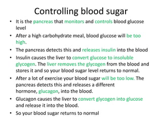 Controlling blood sugar
• It is the pancreas that monitors and controls blood glucose
  level
• After a high carbohydrate meal, blood glucose will be too
  high.
• The pancreas detects this and releases insulin into the blood
• Insulin causes the liver to convert glucose to insoluble
  glycogen. The liver removes the glycogen from the blood and
  stores it and so your blood sugar level returns to normal.
• After a lot of exercise your blood sugar will be too low. The
  pancreas detects this and releases a different
  hormone, glucagon, into the blood.
• Glucagon causes the liver to convert glycogen into glucose
  and release it into the blood.
• So your blood sugar returns to normal
 