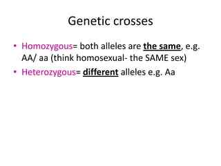 Genetic crosses
• Homozygous= both alleles are the same, e.g.
  AA/ aa (think homosexual- the SAME sex)
• Heterozygous= different alleles e.g. Aa
 