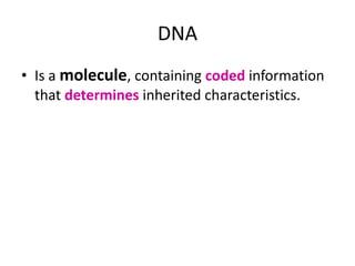 DNA
• Is a molecule, containing coded information
  that determines inherited characteristics.
 