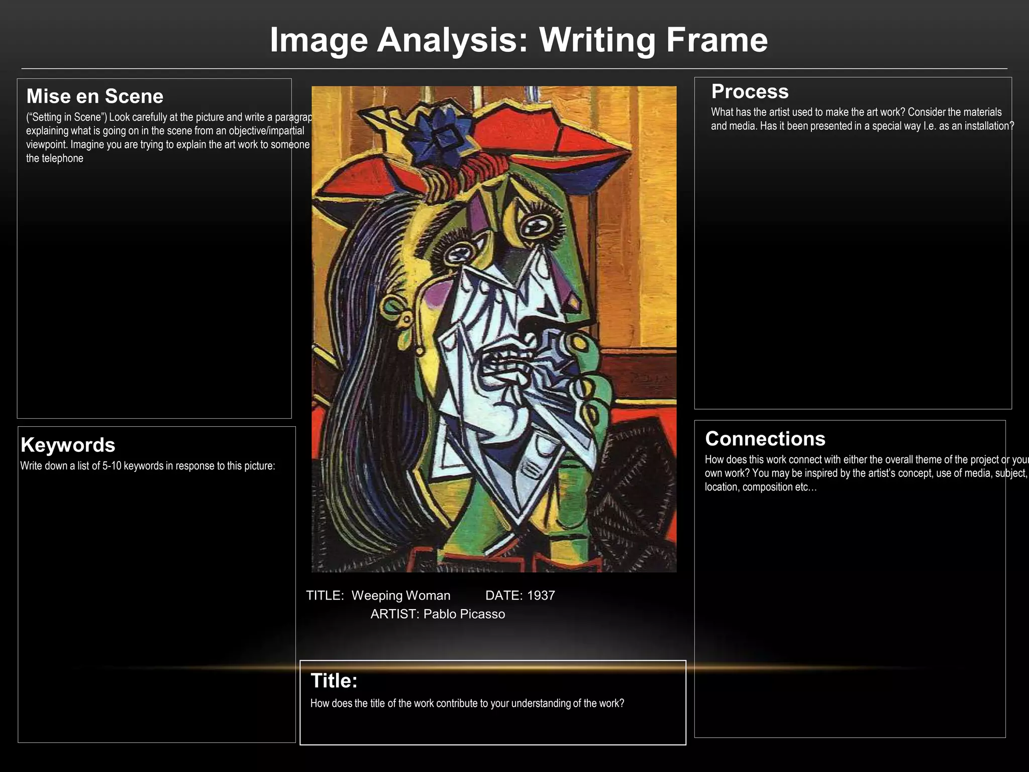 Mise en Scene
(“Setting in Scene”) Look carefully at the picture and write a paragraph
explaining what is going on in the scene from an objective/impartial
viewpoint. Imagine you are trying to explain the art work to someone over
the telephone
Process
What has the artist used to make the art work? Consider the materials
and media. Has it been presented in a special way I.e. as an installation?
Keywords
Write down a list of 5-10 keywords in response to this picture:
Image Analysis: Writing Frame
TITLE: Weeping Woman DATE: 1937
ARTIST: Pablo Picasso
Title:
How does the title of the work contribute to your understanding of the work?
Connections
How does this work connect with either the overall theme of the project or your
own work? You may be inspired by the artist’s concept, use of media, subject,
location, composition etc…
 