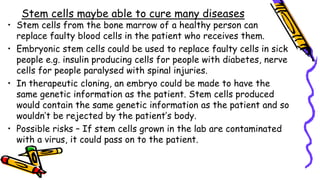 Stem cells maybe able to cure many diseases
• Stem cells from the bone marrow of a healthy person can
replace faulty blood cells in the patient who receives them.
• Embryonic stem cells could be used to replace faulty cells in sick
people e.g. insulin producing cells for people with diabetes, nerve
cells for people paralysed with spinal injuries.
• In therapeutic cloning, an embryo could be made to have the
same genetic information as the patient. Stem cells produced
would contain the same genetic information as the patient and so
wouldn’t be rejected by the patient’s body.
• Possible risks – If stem cells grown in the lab are contaminated
with a virus, it could pass on to the patient.
 