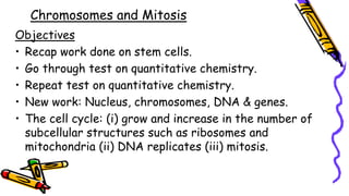 Chromosomes and Mitosis
Objectives
• Recap work done on stem cells.
• Go through test on quantitative chemistry.
• Repeat test on quantitative chemistry.
• New work: Nucleus, chromosomes, DNA & genes.
• The cell cycle: (i) grow and increase in the number of
subcellular structures such as ribosomes and
mitochondria (ii) DNA replicates (iii) mitosis.
 