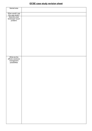 GCSE case study revision sheet

  Named area


When would I use
 this case study?
  Describe area/
landscape/ issue/
     problem/




   What are the
effects/ solutions/
  management
   possibilities
 