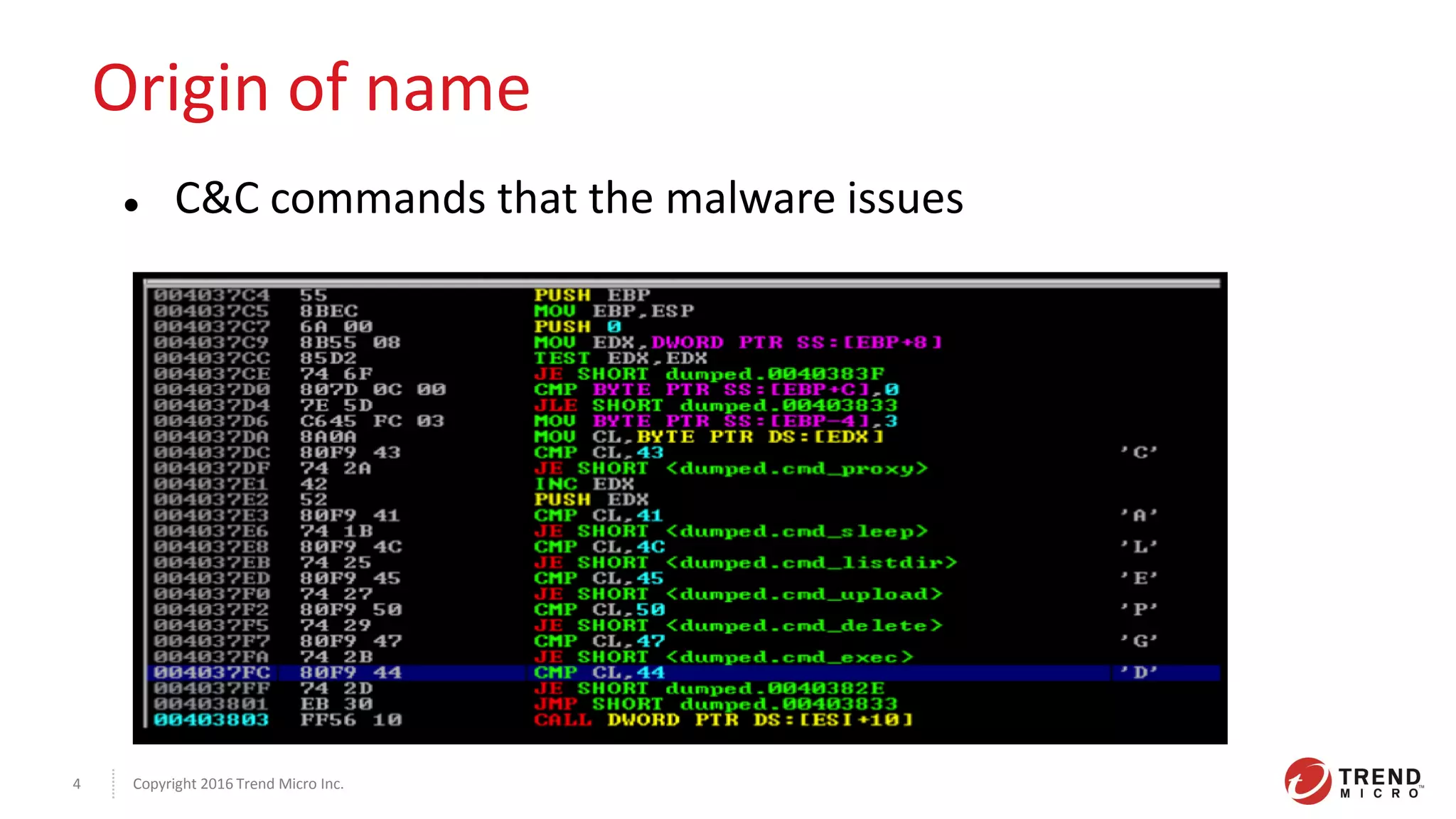 Copyright 2016 Trend Micro Inc.4
Origin of name
 C&C commands that the malware issues
 