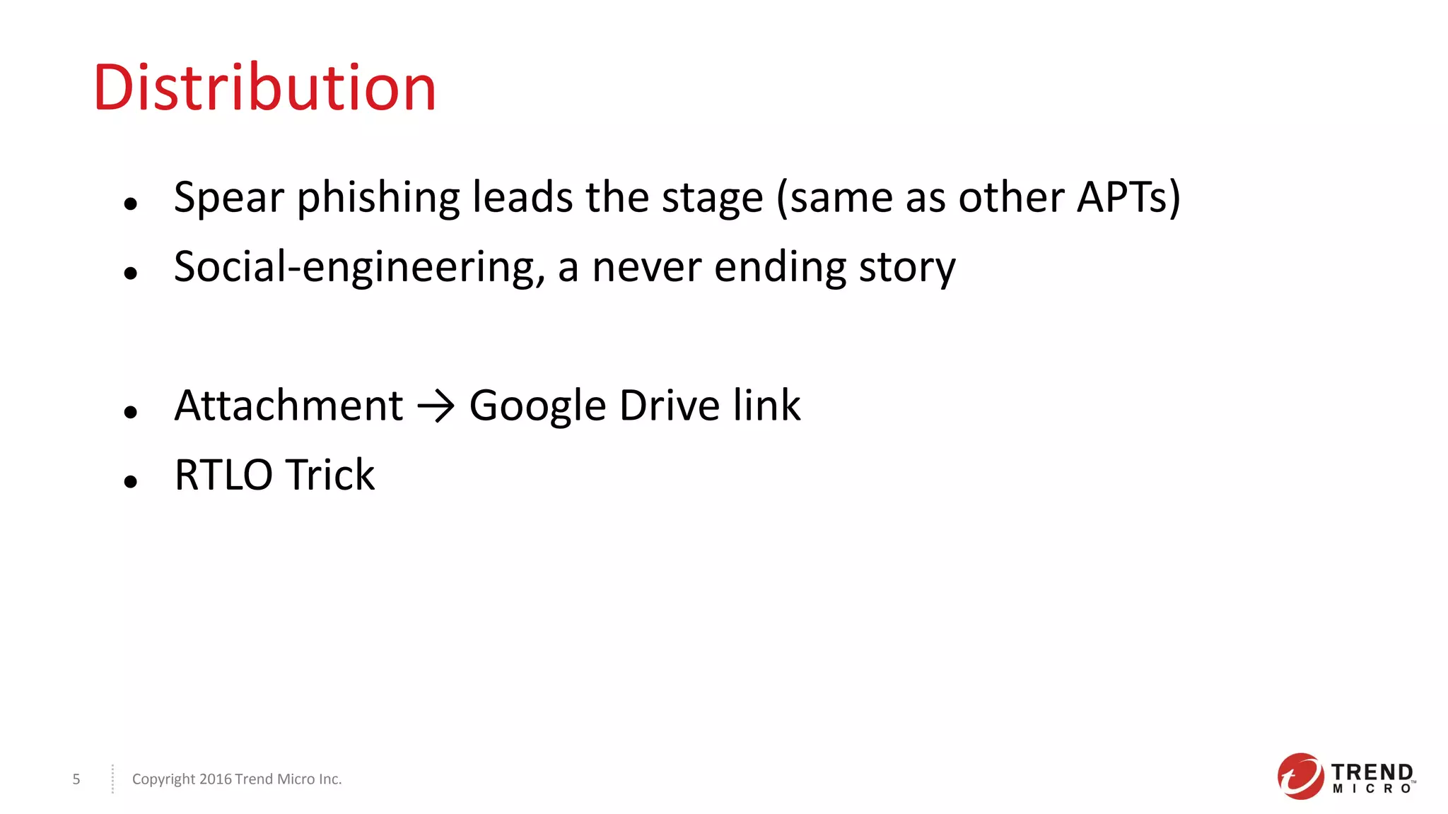 Copyright 2016 Trend Micro Inc.5
Distribution
 Spear phishing leads the stage (same as other APTs)
 Social-engineering, a never ending story
 Attachment → Google Drive link
 RTLO Trick
 