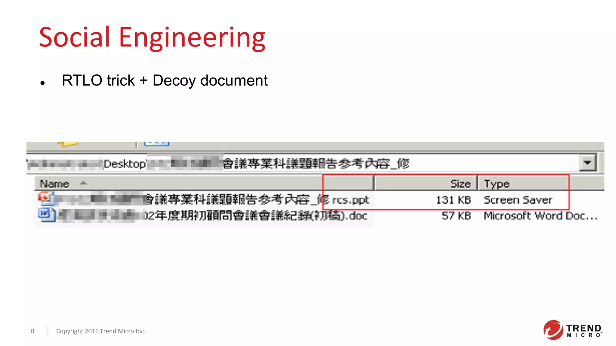 Copyright 2016 Trend Micro Inc.8
Social Engineering
 RTLO trick + Decoy document
 